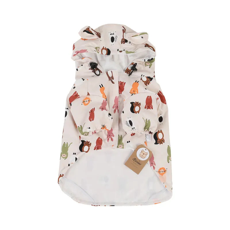 Beige cartoon dog raincoat with animal design and waterproof coating