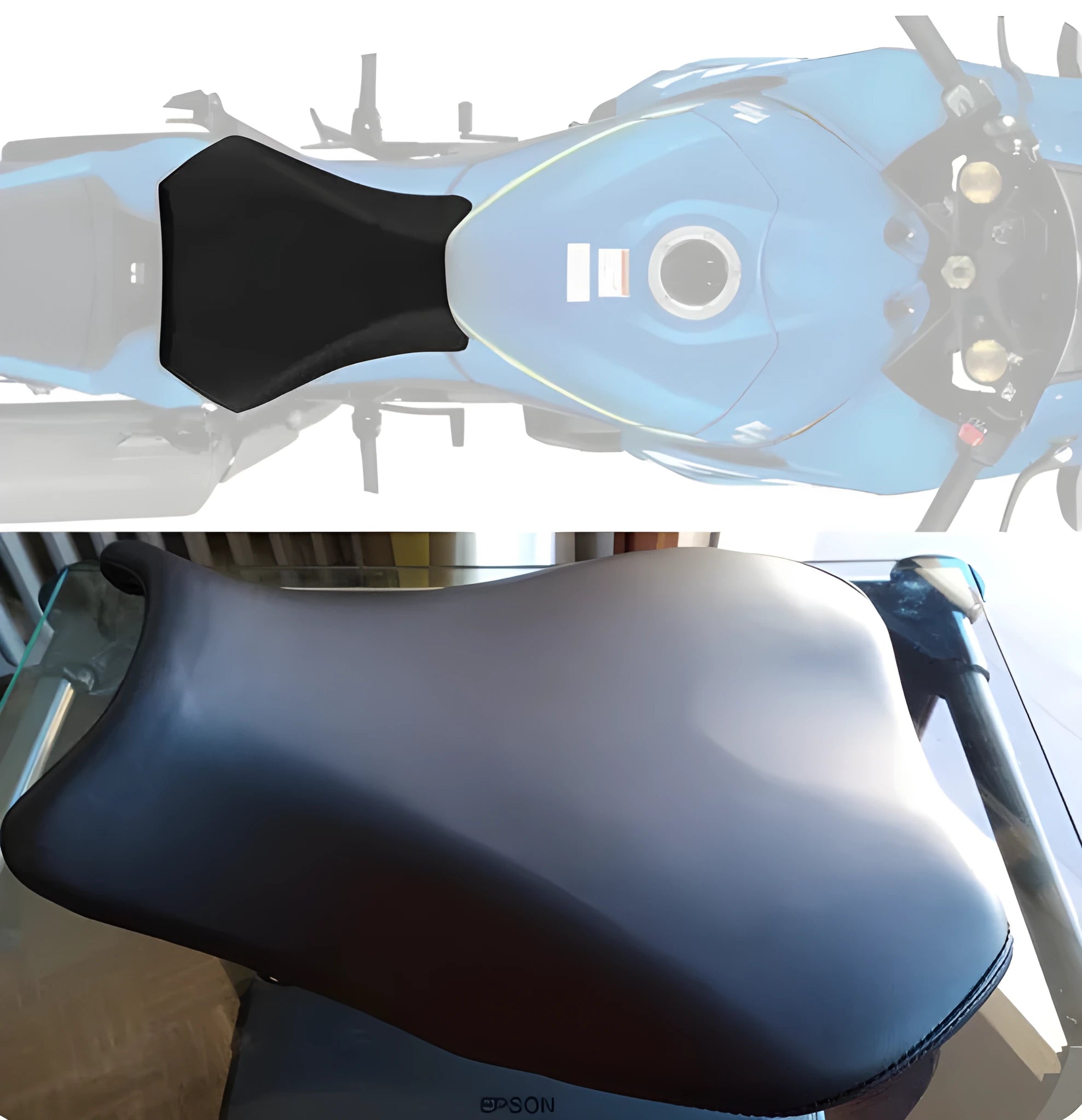 Black PU leather protective cover on a Suzuki GSXR1000 motorcycle seat.
