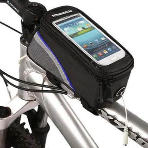 Bicycle frame bag with universal smartphone holder in multiple colours mounted on bicycle handlebars