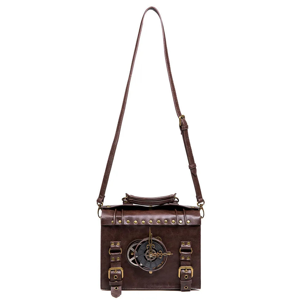Bronze steampunk industrial retro shoulder bag with pillow shape and metal details