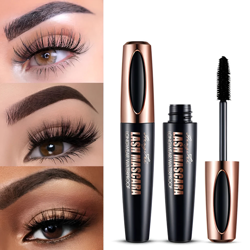 Black waterproof mascara tube for thick, long, curling lashes that resist smudging.