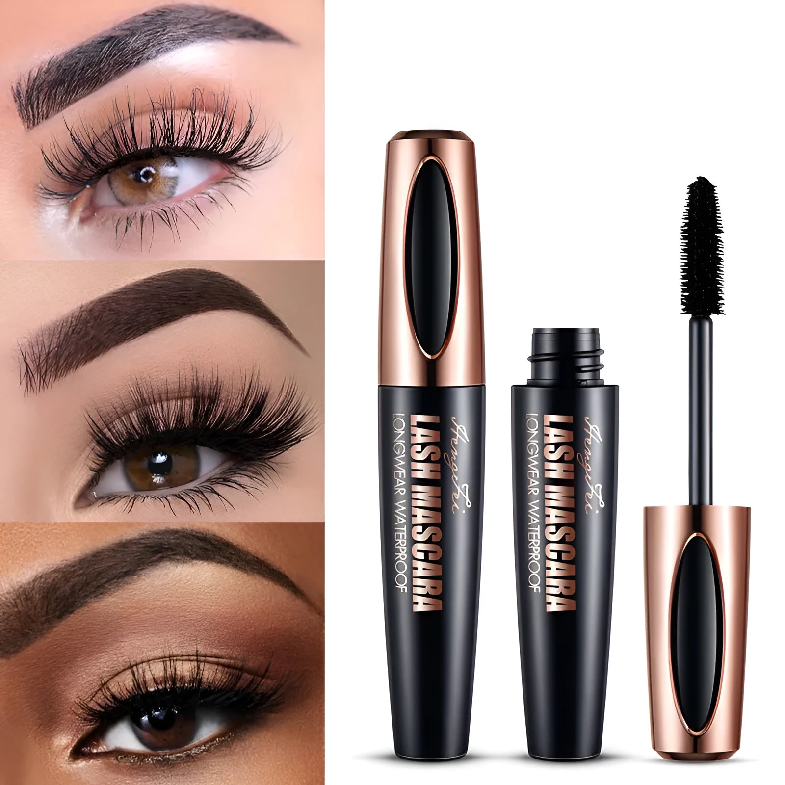 Black waterproof mascara tube for thick, long, curling lashes that resist smudging.