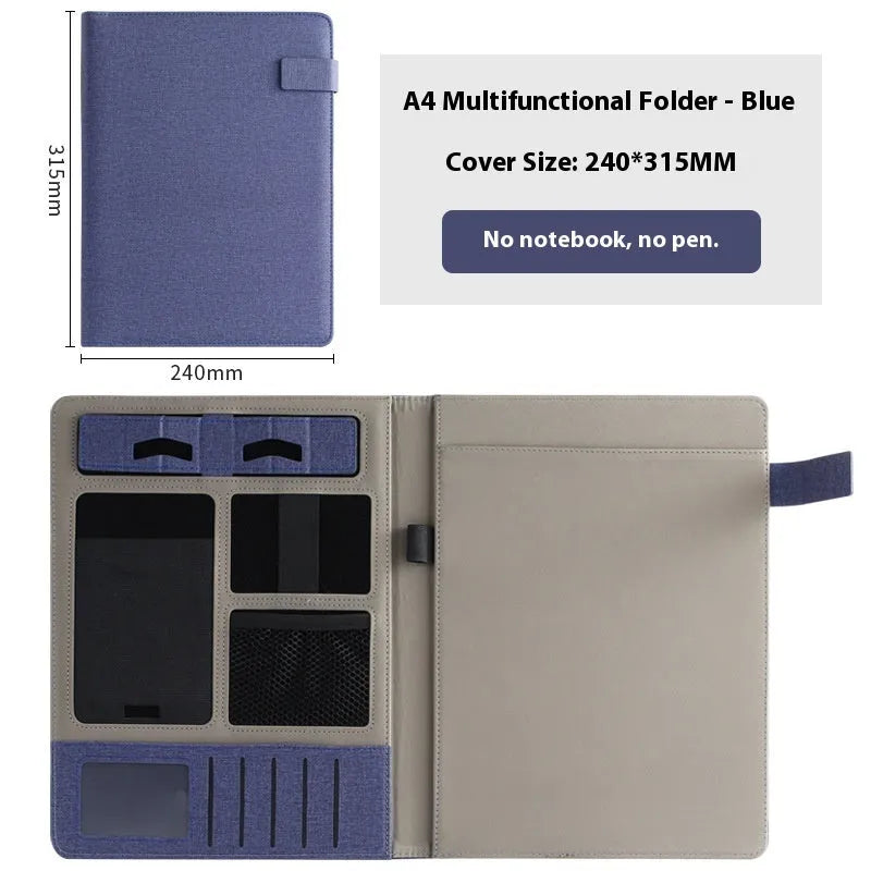 A4 leather business folder in black colour showing document storage and pen holder