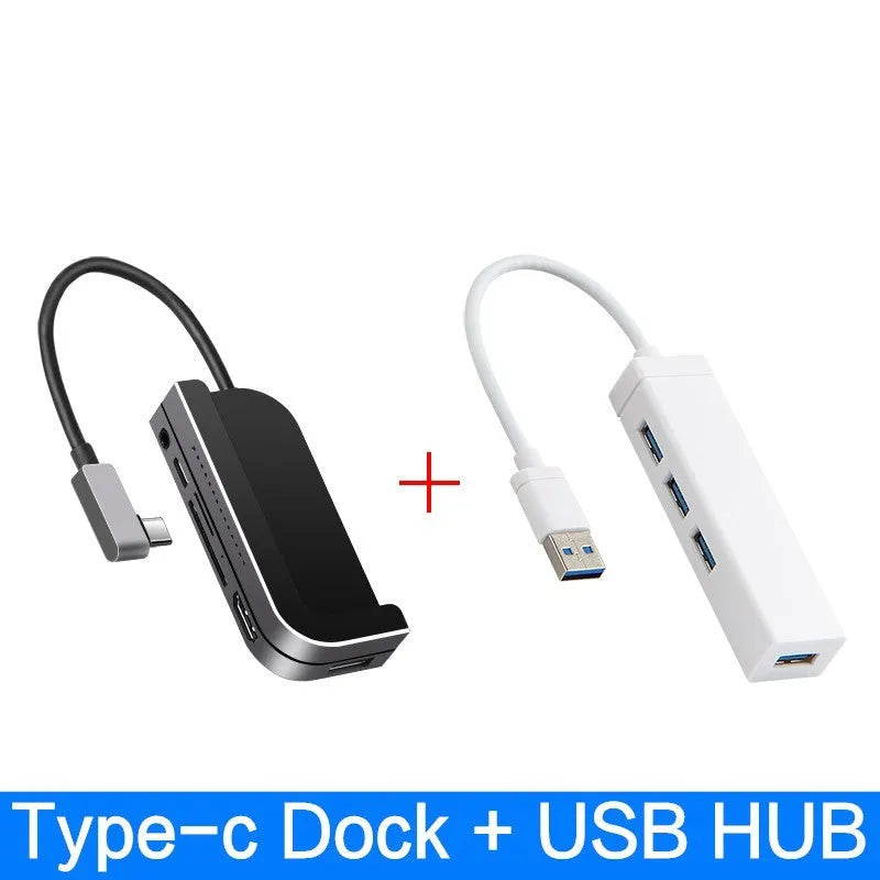Silver aluminium grey USB-C 6-in-1 docking station for iPad Pro models with multiple ports.