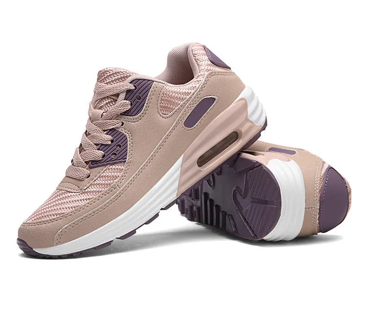 Women's casual low heel shoes in beige orange, grey, and pink purple colour options.