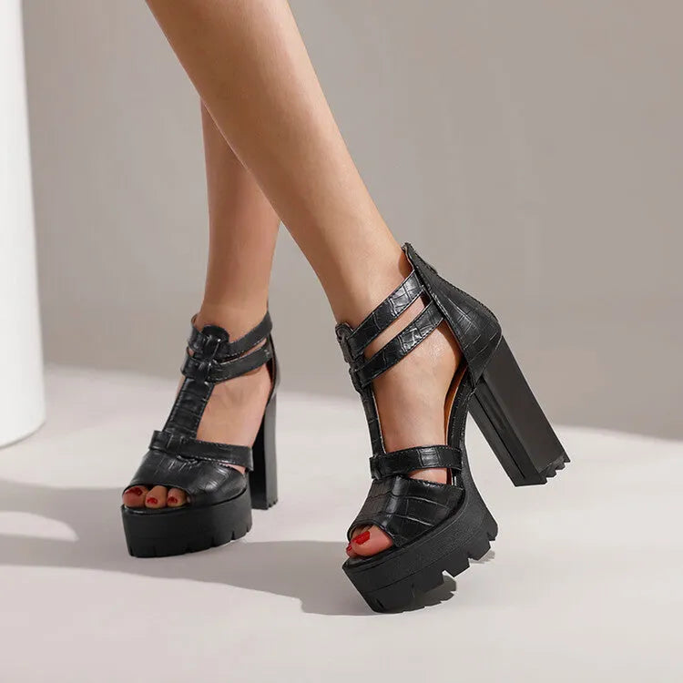 Round toe platform high heel sandals in black, wine red, and yellow with a back zipper.