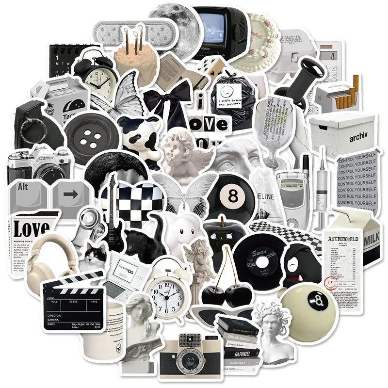 61 black and white simple style PVC waterproof stickers for laptops and phones