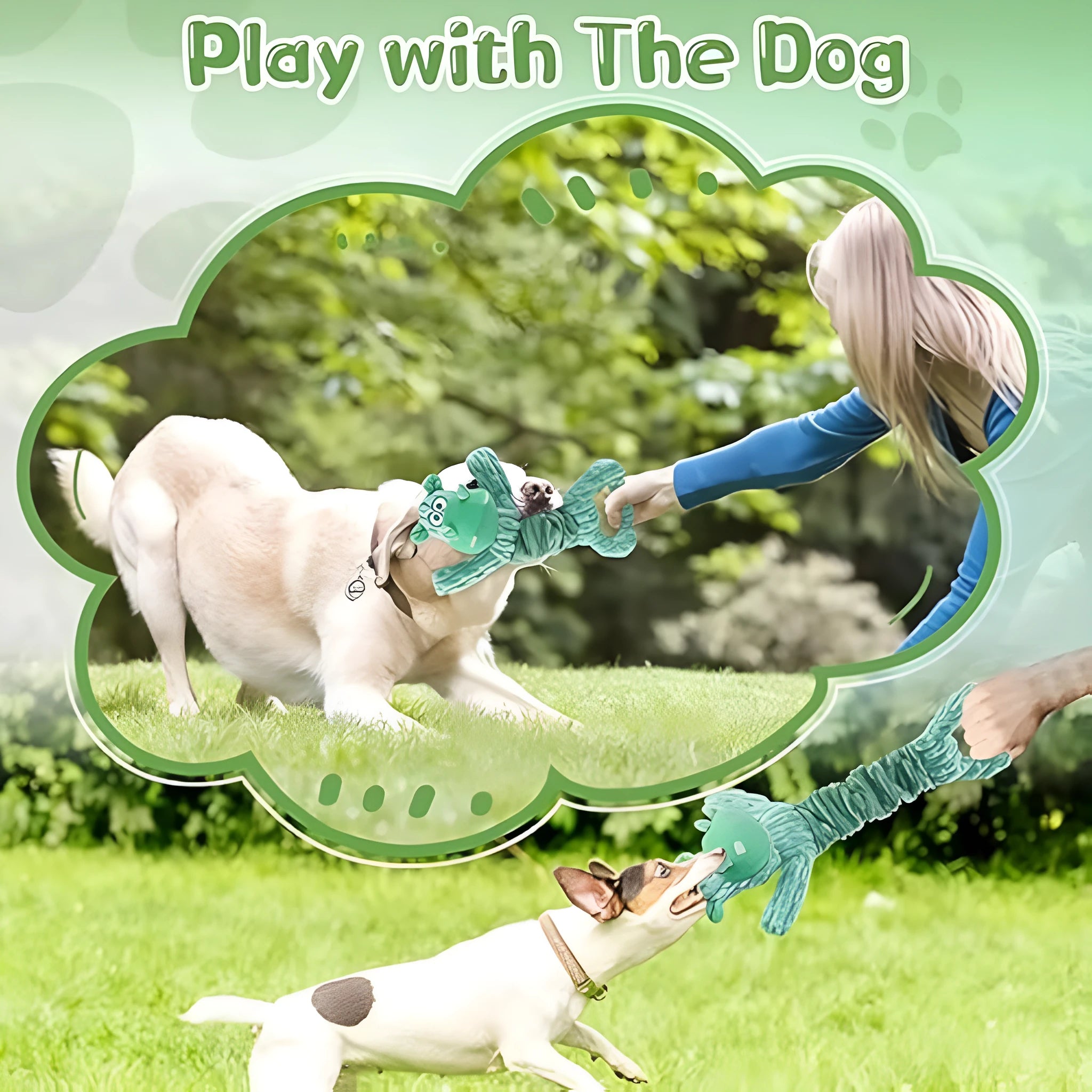 Large plush squeaky dog toy with handle, shown in Hippo and Monkey designs, for indoor tug-of-war play.
