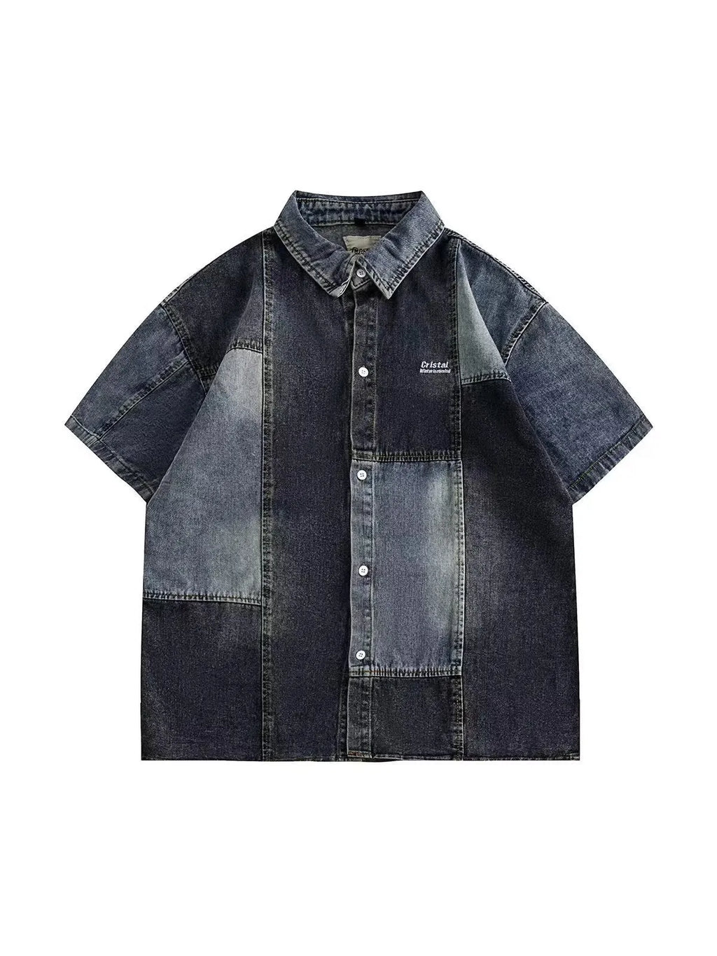 Blue Japanese-style retro denim shirt with washed stitching in loose cardigan cut for men