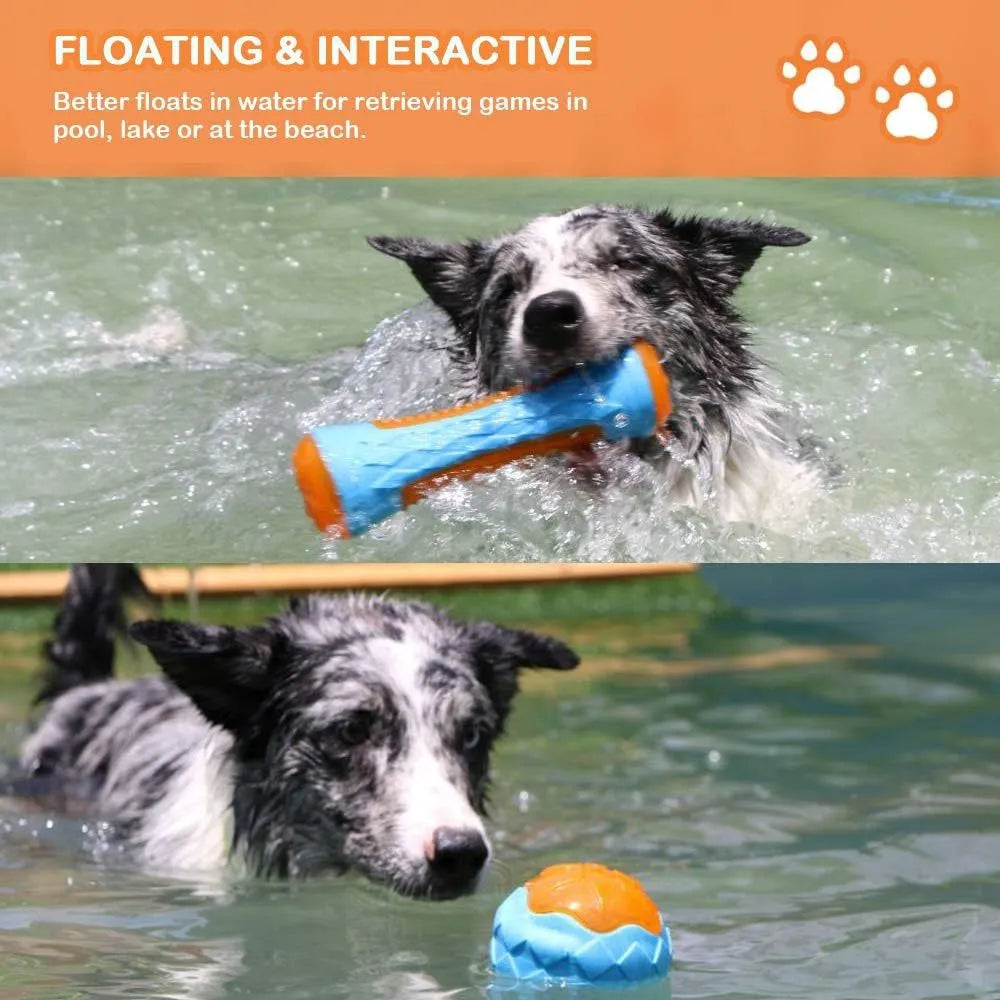 Set of three TPR dog toys: a squeaky ball, barbell and floating tires for water fetch.