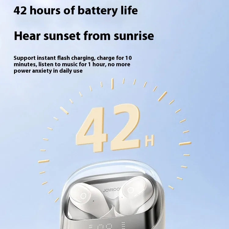 Wireless Bluetooth earbuds with charging case in Dawn White colour, showing in-ear design with compact charging case.
