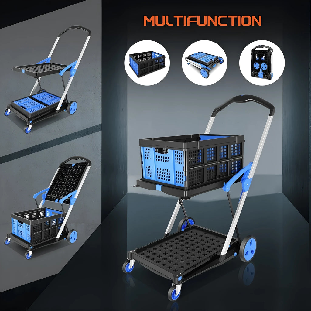 Foldable plastic shopping cart with double-layer baskets in blue, purple, pink, and red colour options