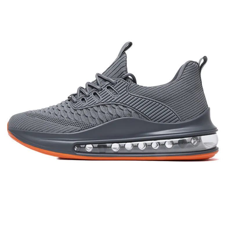 Men's low-top black mesh running sneakers with a round toe and lace-up front on a rubber sole.
