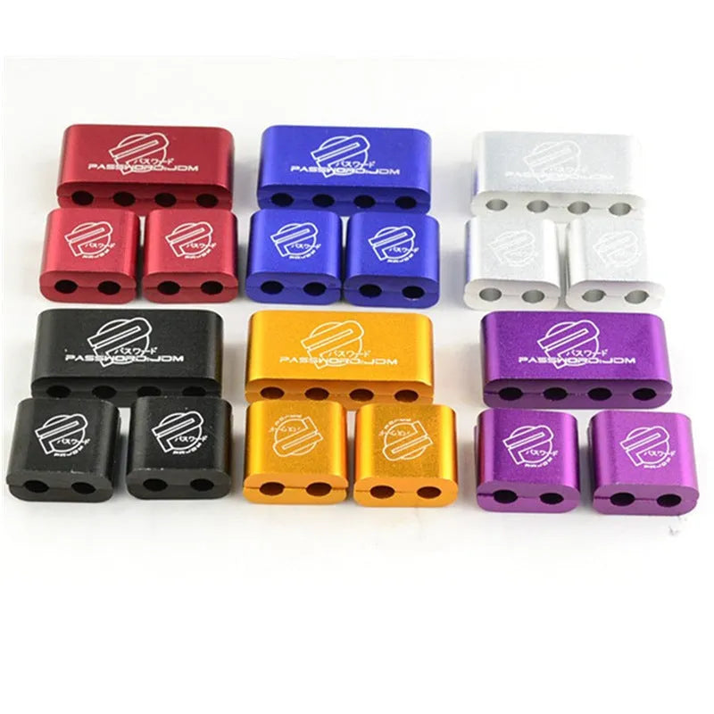 Three-piece metal car fastening clamp in assorted colours, shown with metal fixed sleeve, scale showing 55x30x25mm dimensions.
