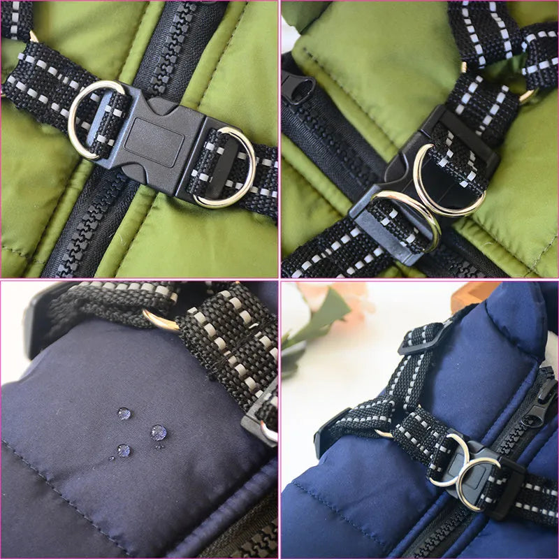 Red waterproof dog coat with integrated harness on a Labrador.