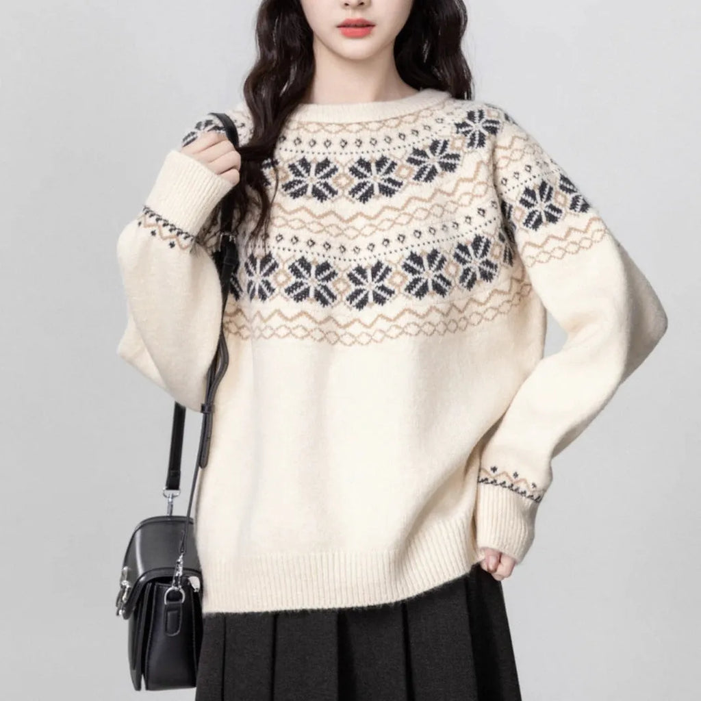 Women's milky white vintage Fair Isle geometric pattern crew neck pullover sweater with long sleeves