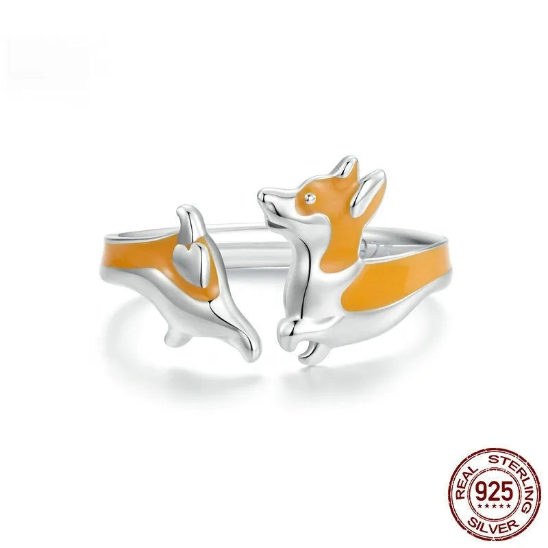 Silver electroplated adjustable corgi dog ring with cartoon design