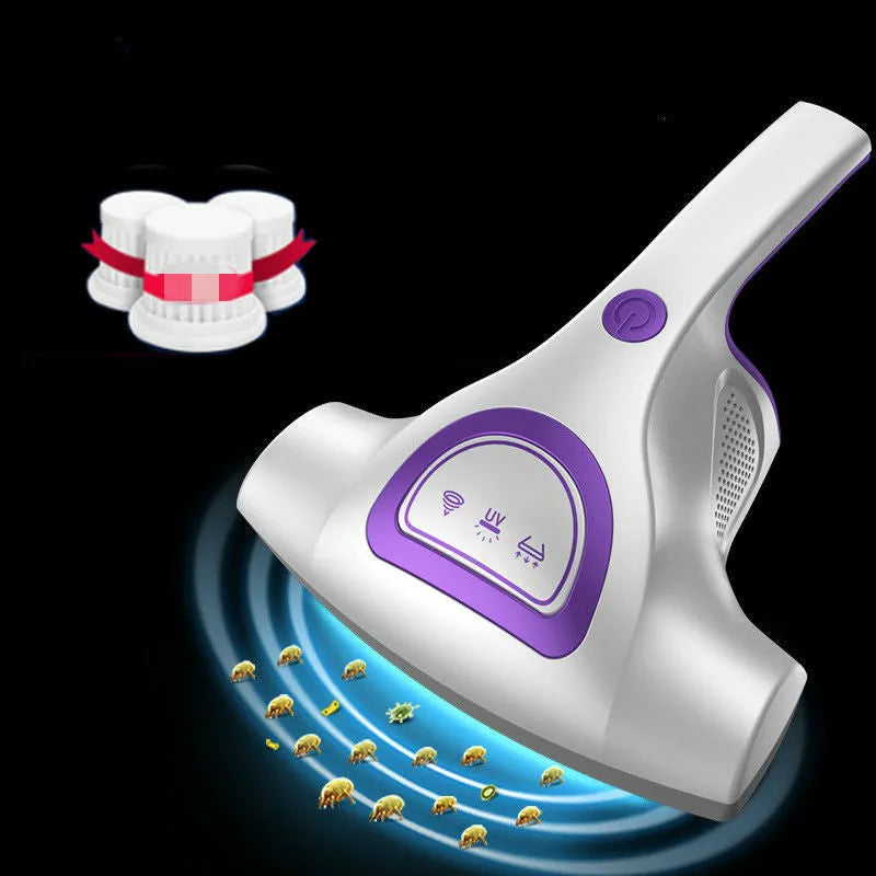 Pink handheld dust mite vacuum cleaner on a mattress showing its size and cleaning nozzle.