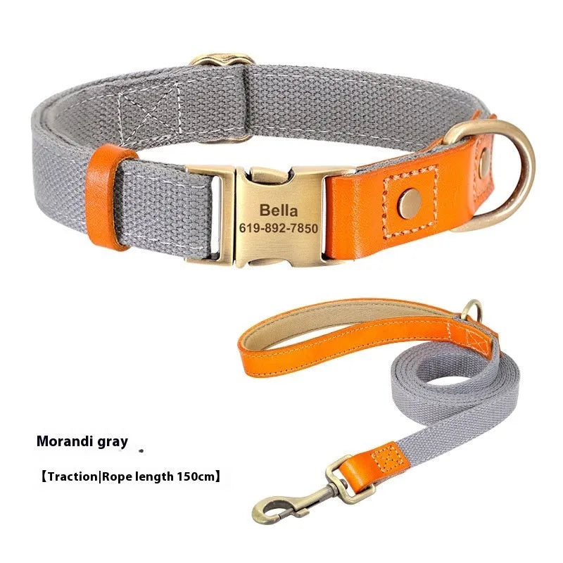 Mohair small dog neck collar and traction rope set in Mo Landi colours with lettering detail