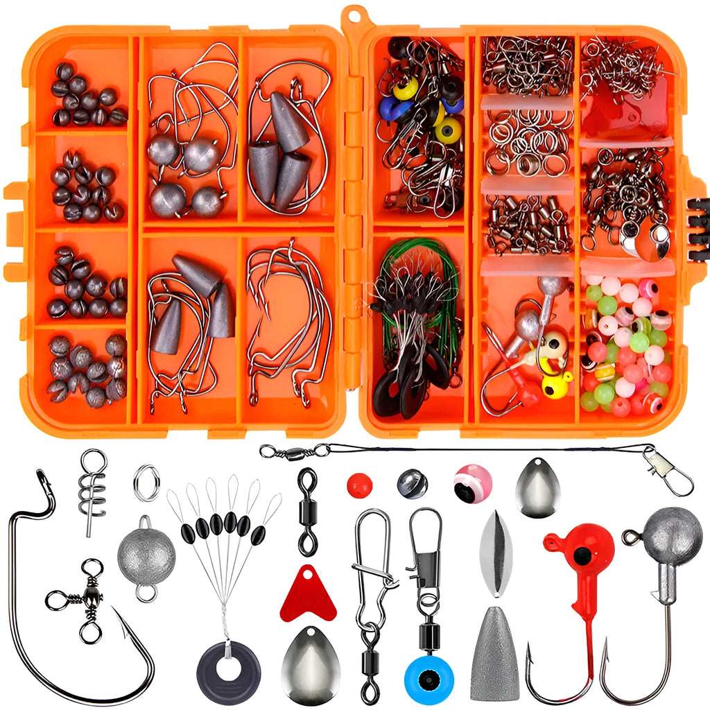 Weihe 257-piece fishing lure accessory set in orange box with organised compartments for Texas rig, sea and rock fishing