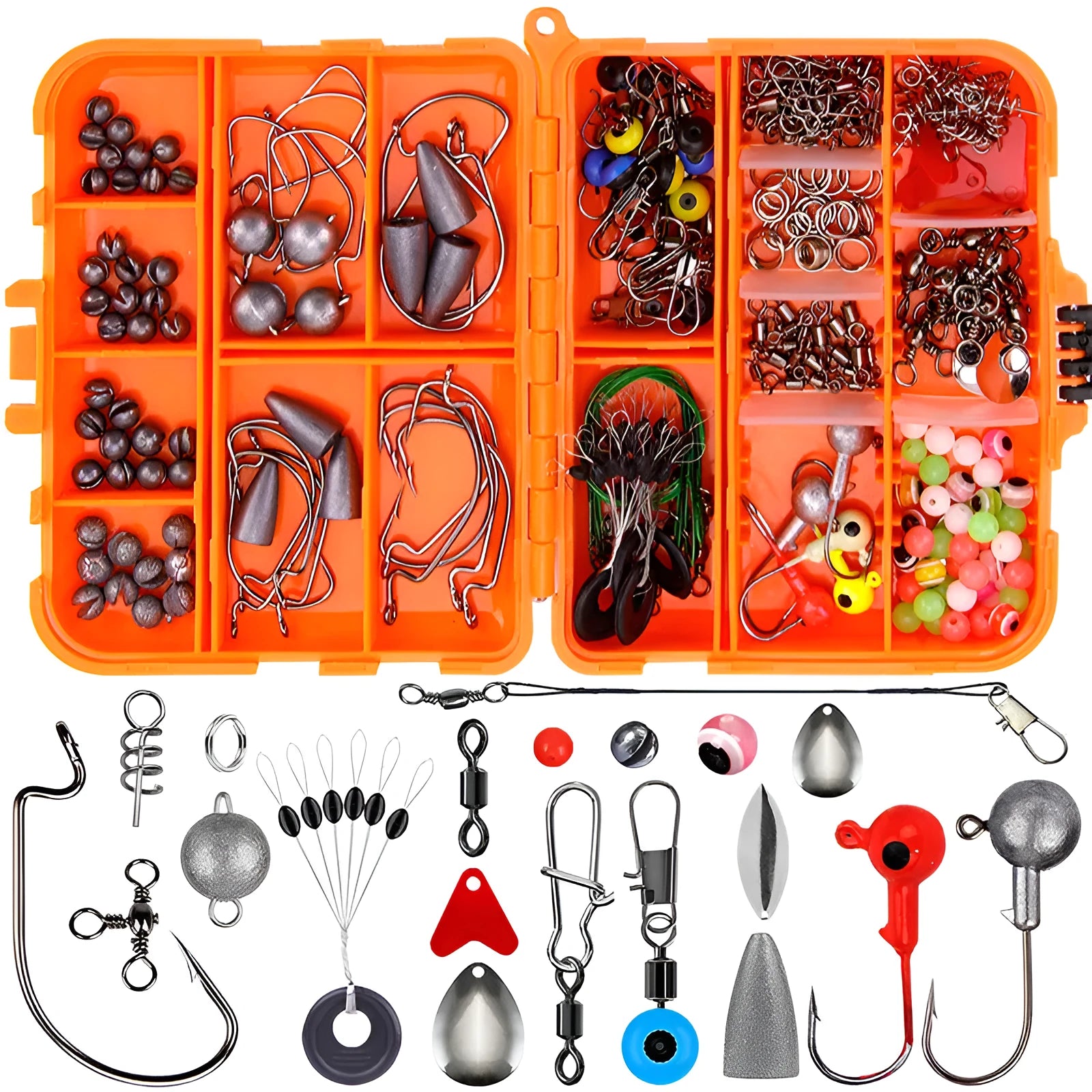 Weihe 257-piece fishing lure accessory set in orange box with organised compartments for Texas rig, sea and rock fishing