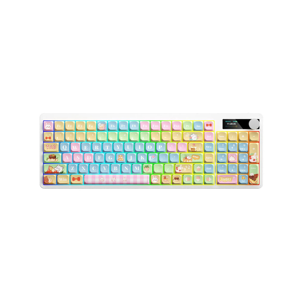 Black Iron Cow mechanical keyboard with RGB backlight showing compact 397mm width design