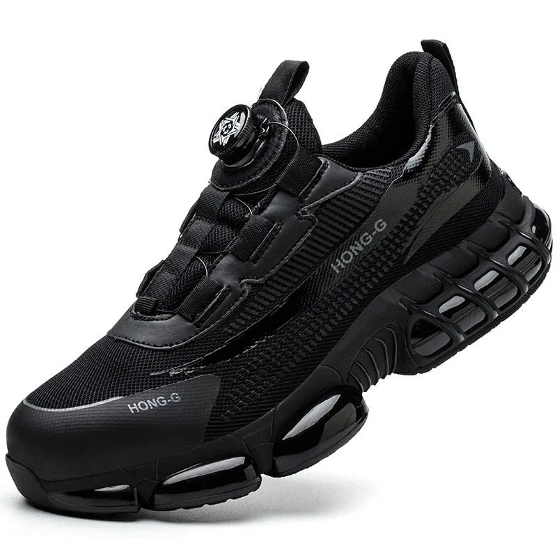 Lightweight black and grey safety shoes with steel toe cap and breathable flyknit upper for industrial work.