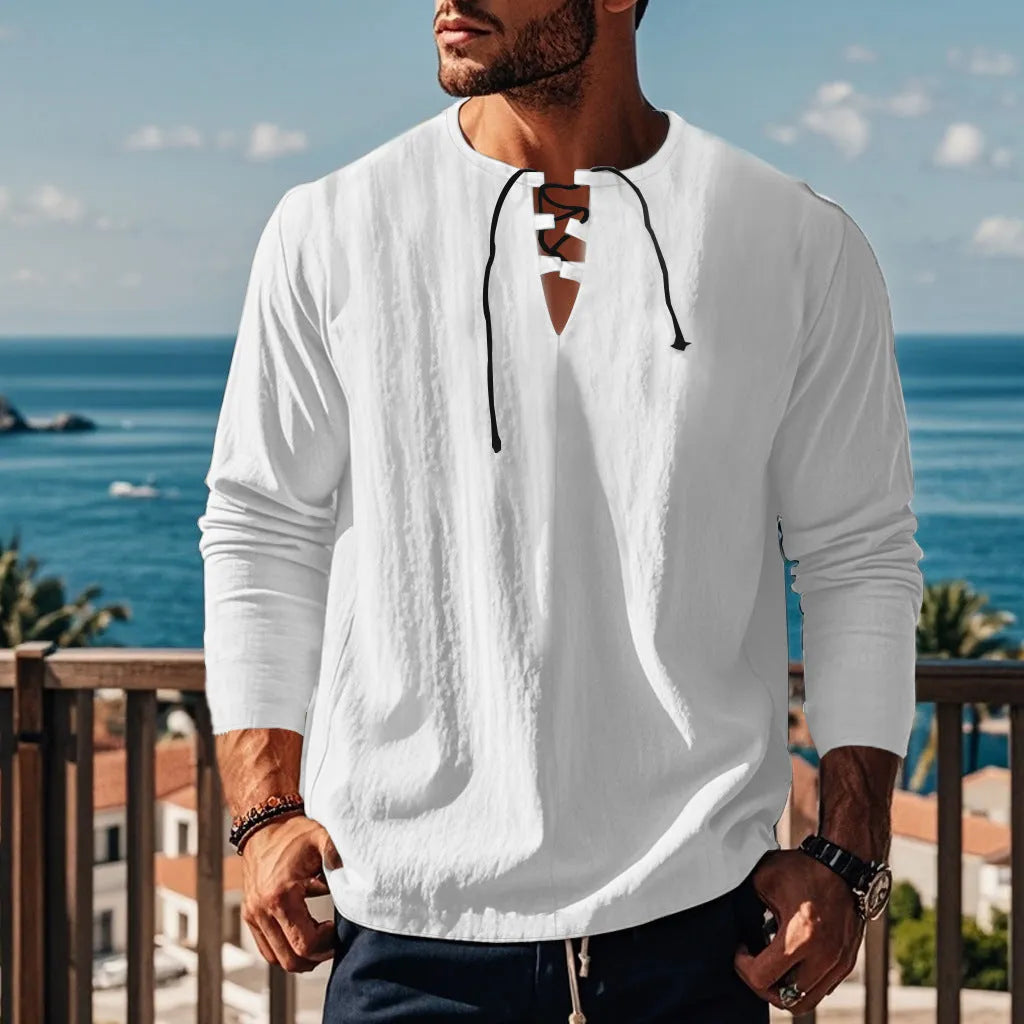 Men's solid colour cotton linen beach shirt in loose fit pullover style