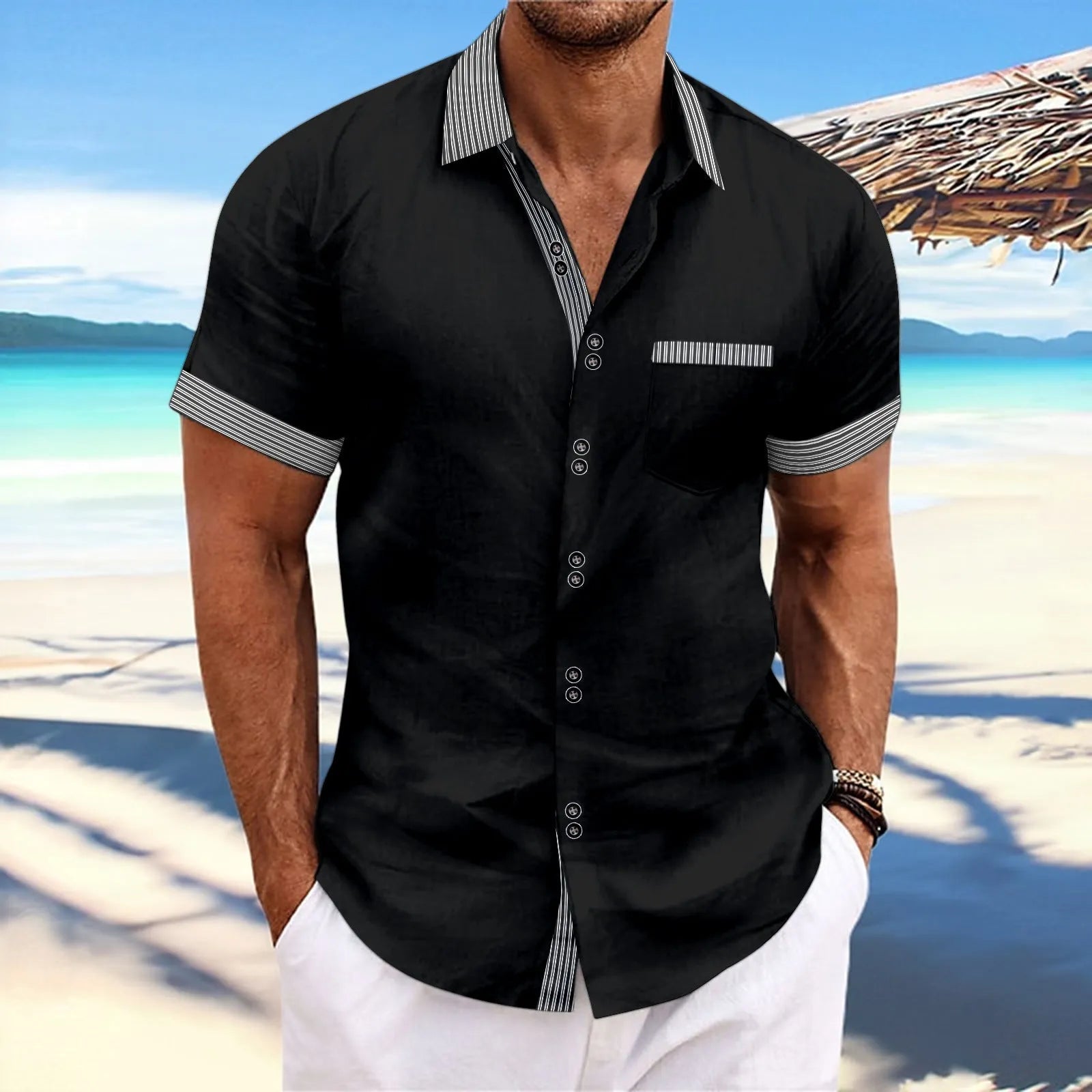 Striped double button short sleeve casual shirt in pure cotton with slim fit styling