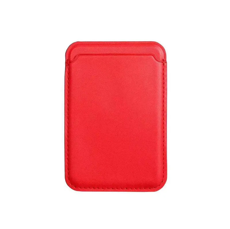 Black PU leather magnetic card holder case attached to the back of an iPhone