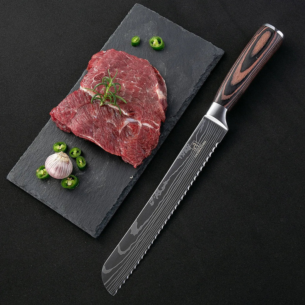 30cm chef knife with Damascus pattern blade and colour steel handle