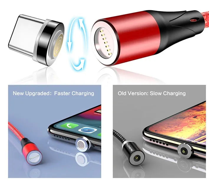 A black magnetic fast-charge data cable with LED light on the connector, next to a smartphone.