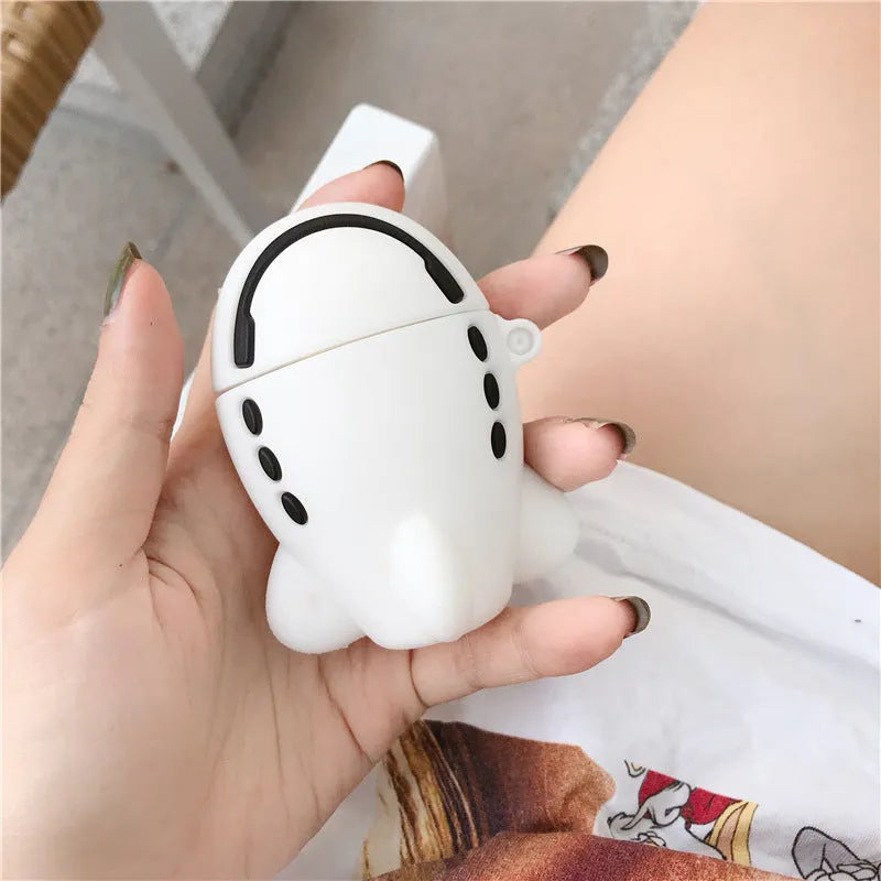 Cartoon aircraft headset design silicone flip case for Apple AirPods 1 and 2 with a metal carrying hook.