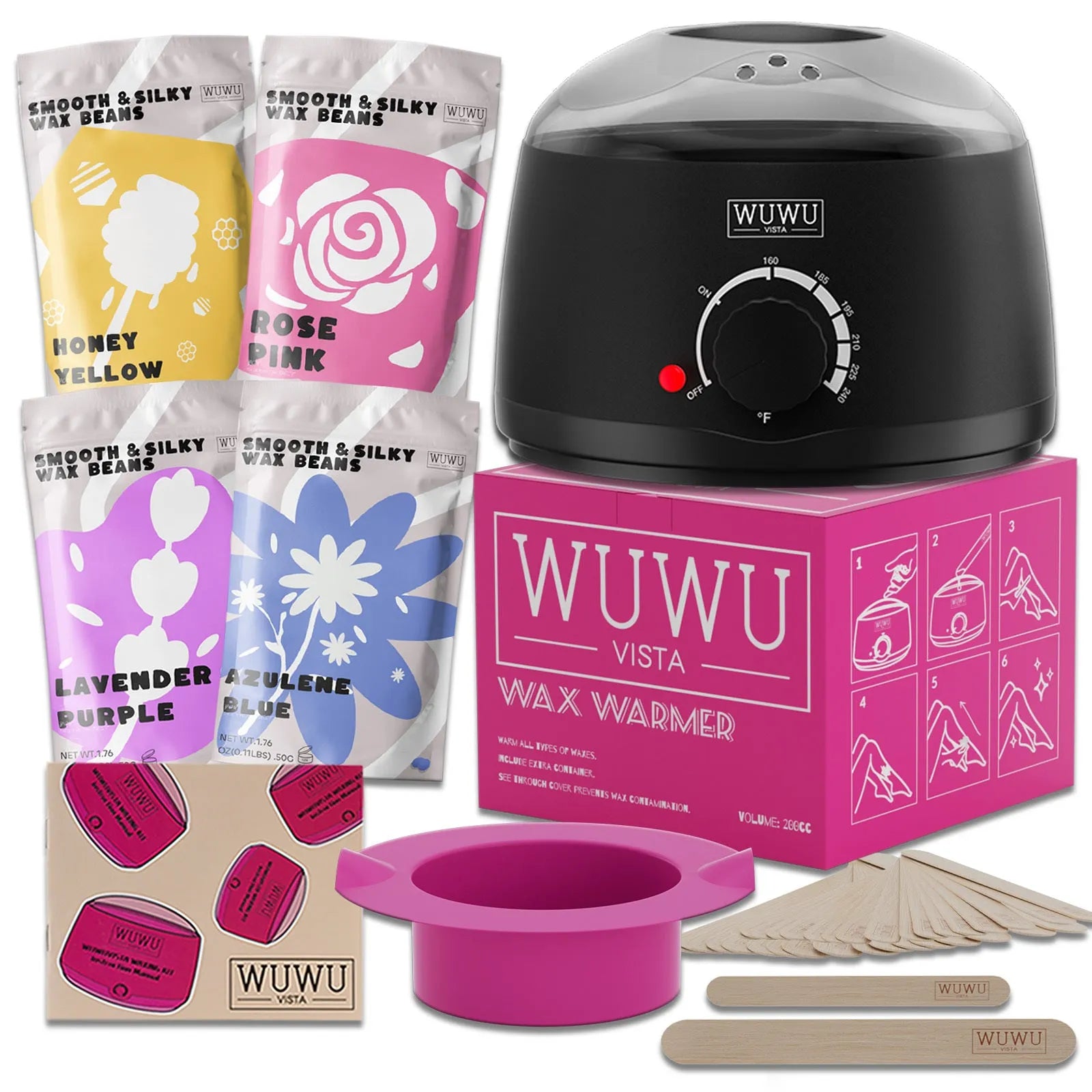 27 piece hair removal waxing kit with wax warmer, four coloured wax beads and application sticks