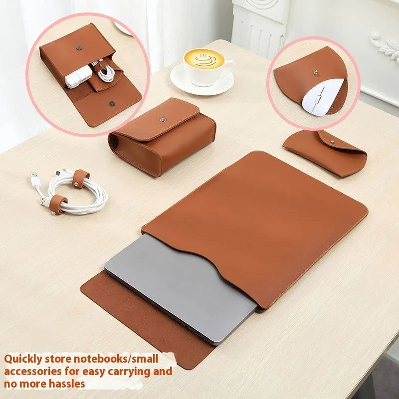 Four-piece set of imitation leather lock edge protective covers for MacBook Pro laptops in apricot, brown, grey, and pink.