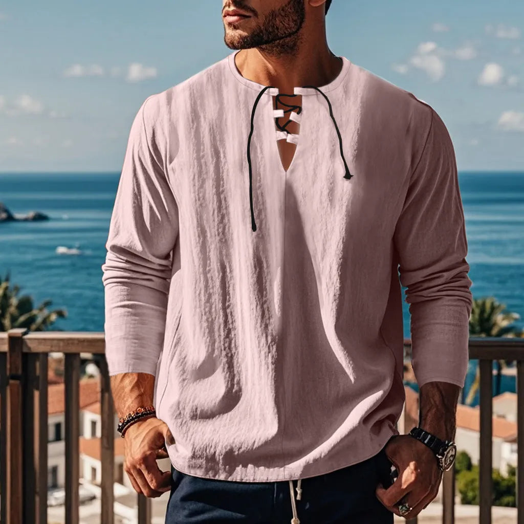 Men's solid colour cotton linen beach shirt in loose fit pullover style