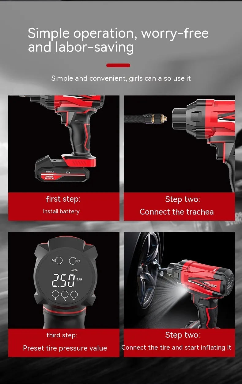 Red and black portable car tyre inflator with digital display, battery, and accessory nozzles on a grey background.