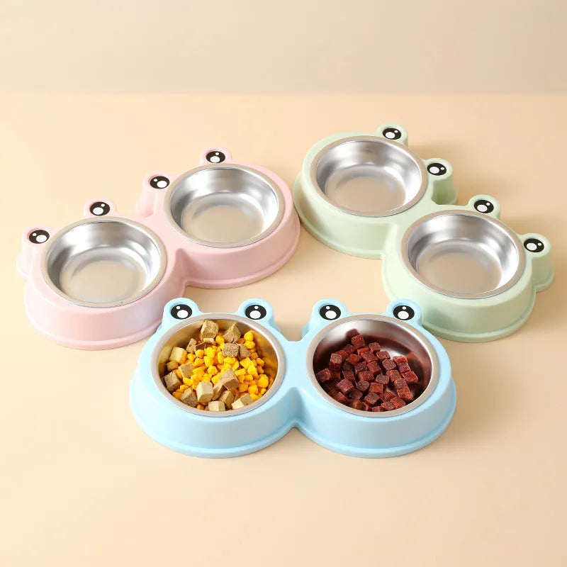 Stainless steel frog-shaped pet bowl set with separate food and water compartments