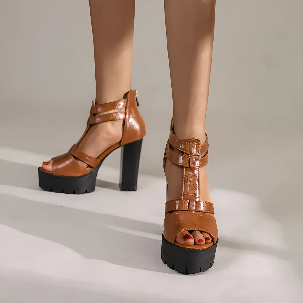 Round toe platform high heel sandals in black, wine red, and yellow with a back zipper.