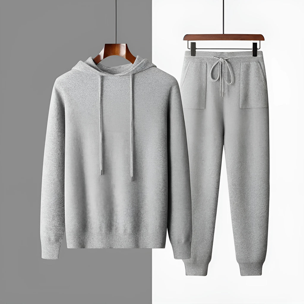 Men's dark grey cashmere hooded sweatshirt and trousers winter casual set laid flat