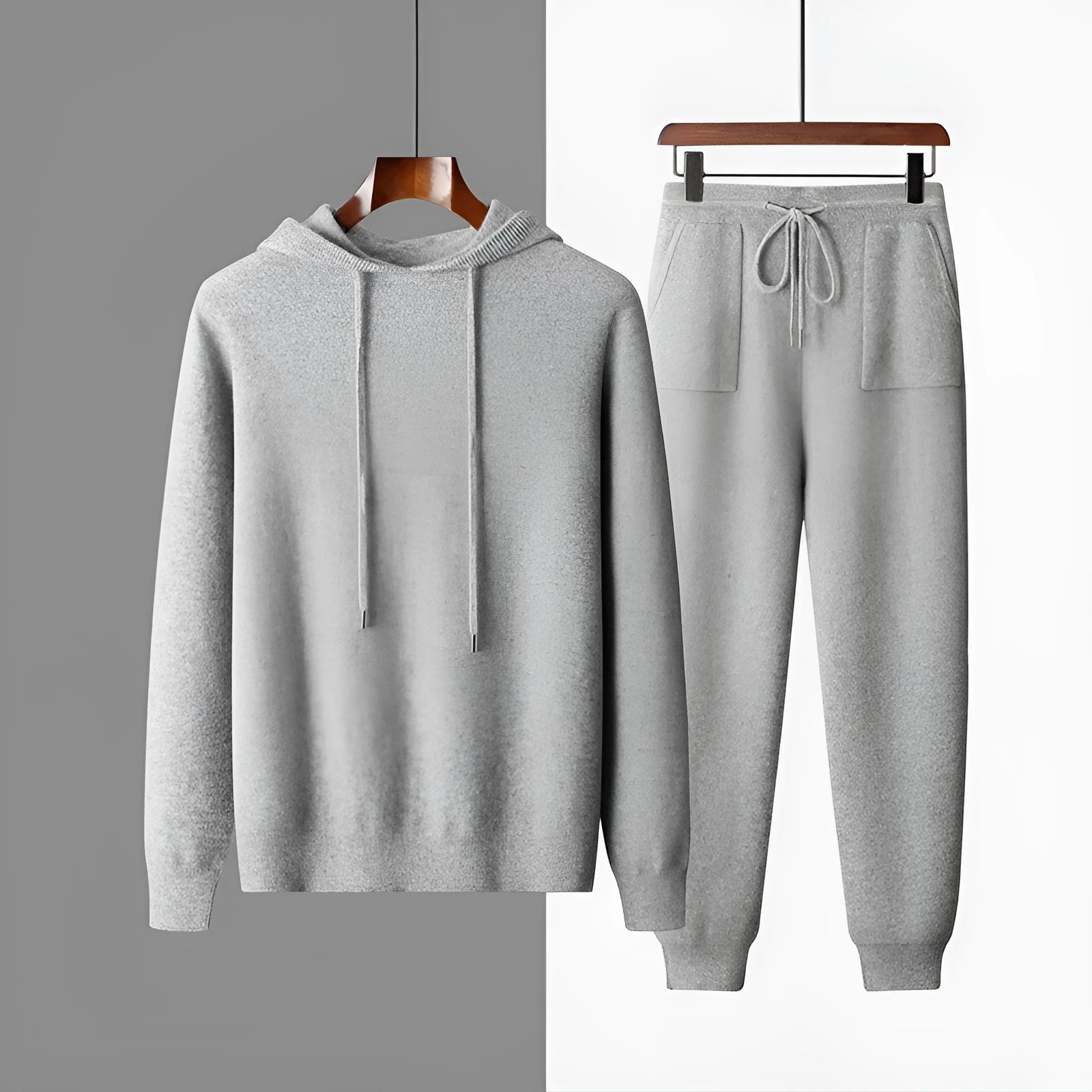 Men's dark grey cashmere hooded sweatshirt and trousers winter casual set laid flat