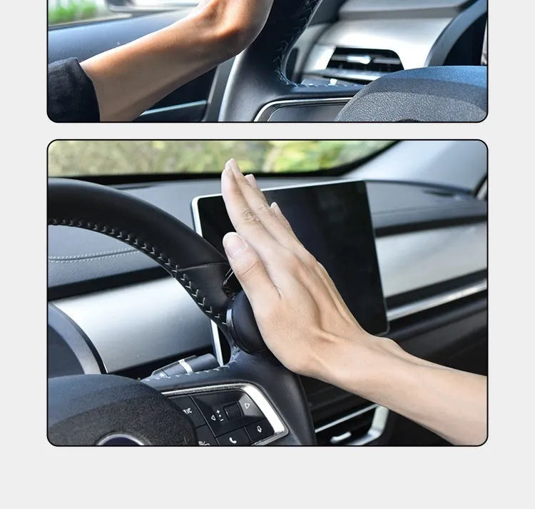 Black silicone steering wheel assist ball with metal bearing booster on a car steering wheel.