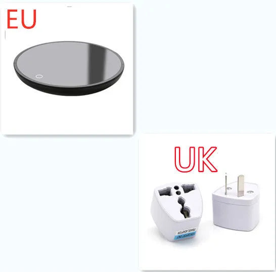 Black circular USB cup warmer pad with a tempered glass surface and dual temperature switch