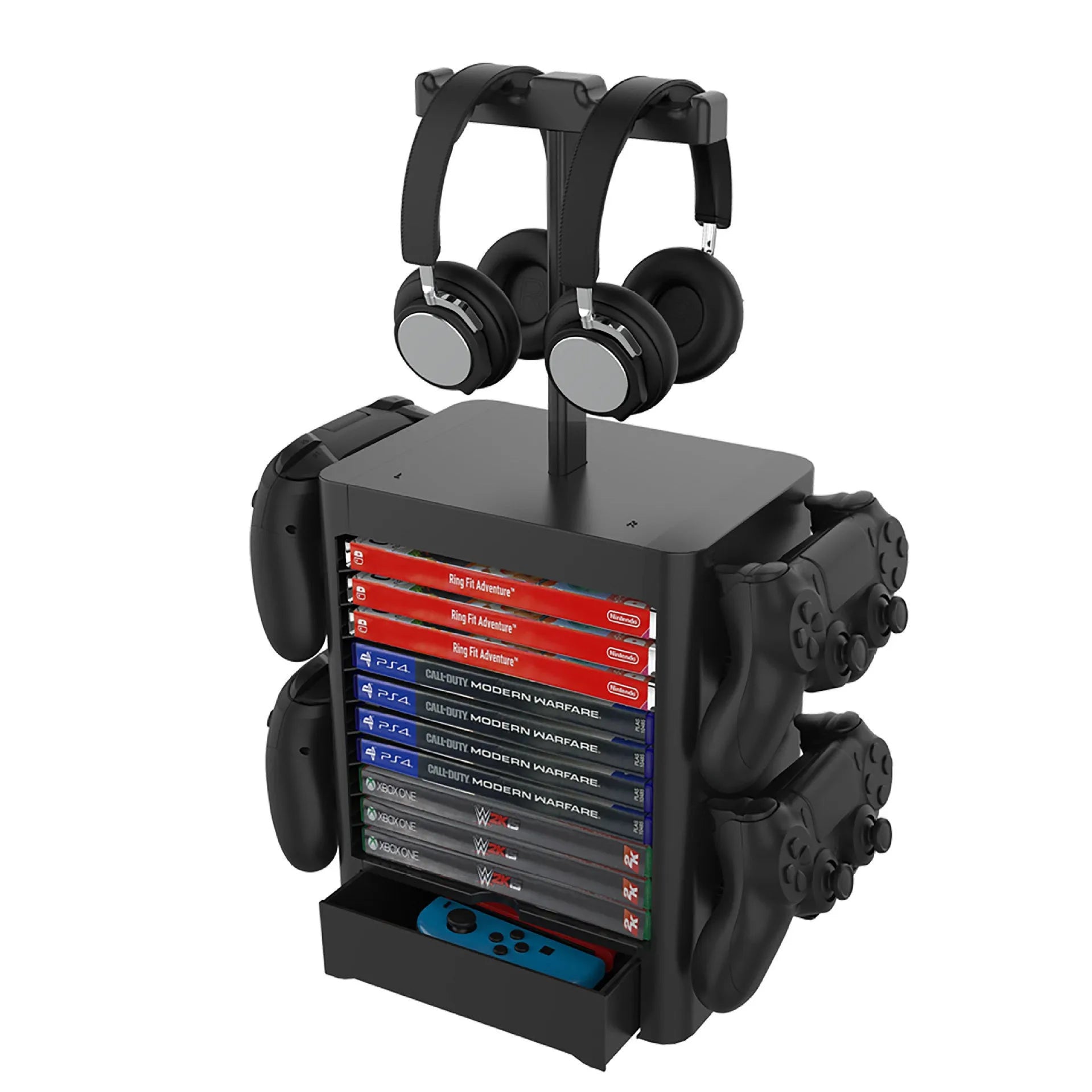 Black gaming console storage rack with side controller hangers, top headphone stand, and bottom accessory drawer