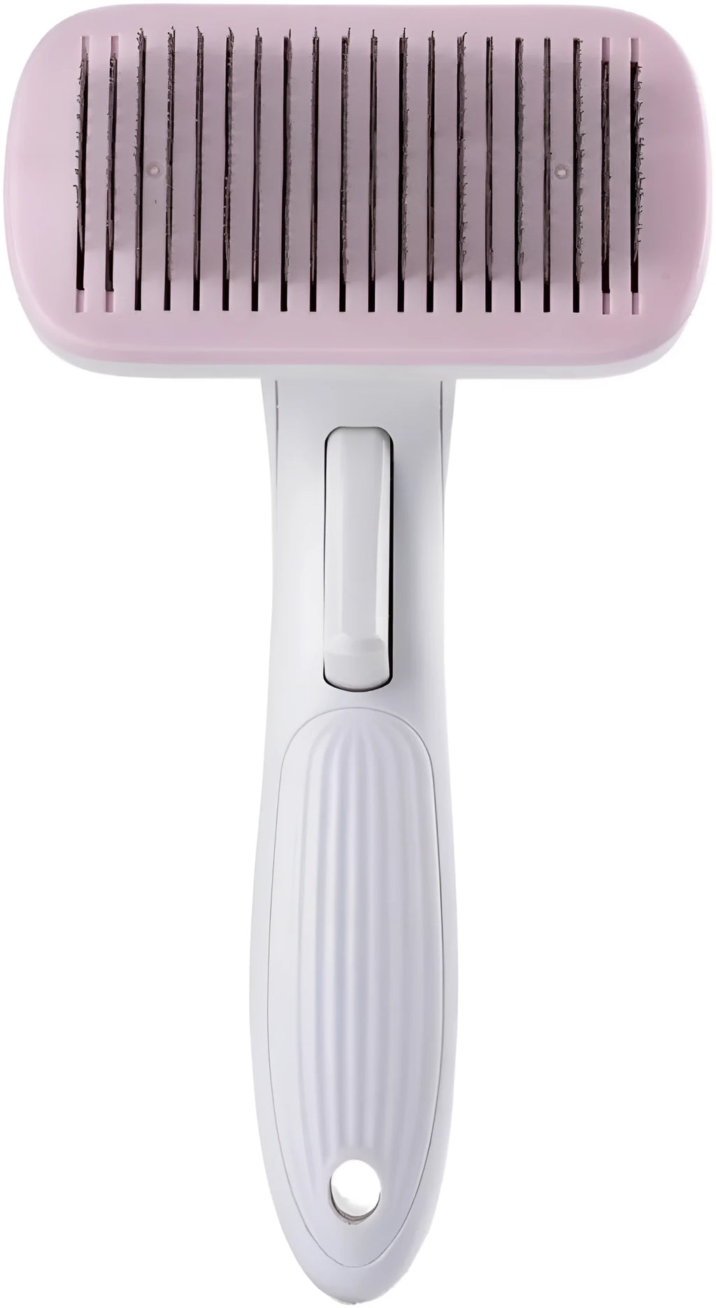 Automatic pet hair removal comb for dogs and cats in blue, grey, green, or pink colour.