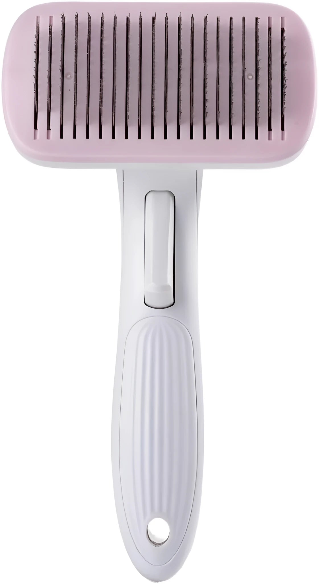 Automatic pet hair removal comb for dogs and cats in blue, grey, green, or pink colour.