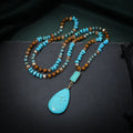 Turquoise water drop pendant necklace with mixed gem inlay and ball bead chain