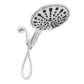 Silver electroplated handheld shower head with six functions including massage and rain settings.