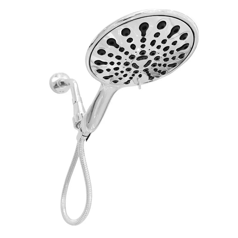 Silver electroplated handheld shower head with six functions including massage and rain settings.