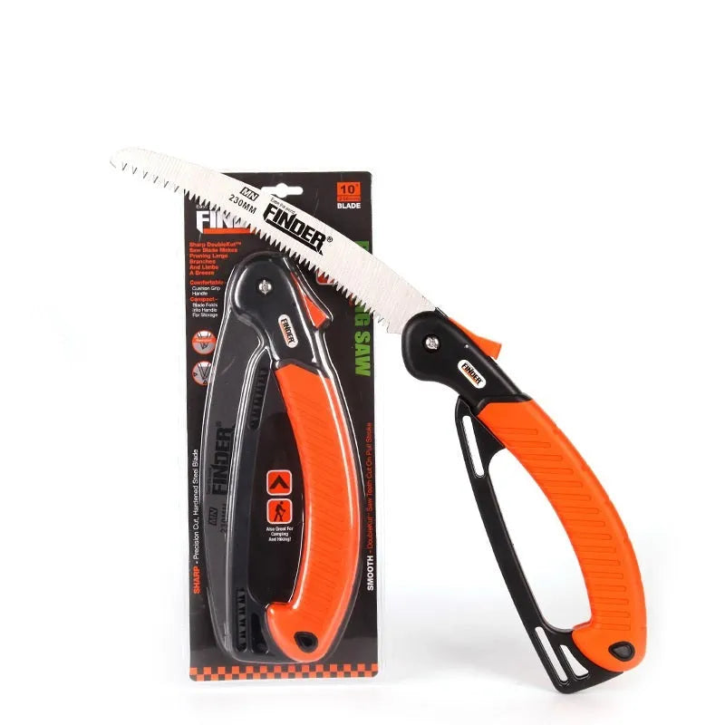 Folding garden saw with extended 230mm steel blade and black TPR grip, shown in open and closed positions.